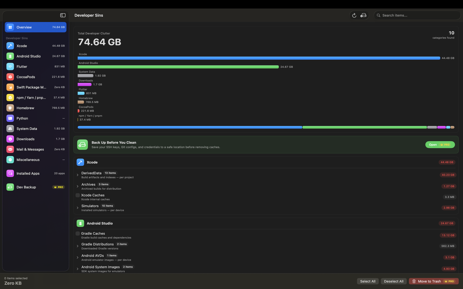 SweepKit Overview Dashboard showing developer cache sizes on macOS