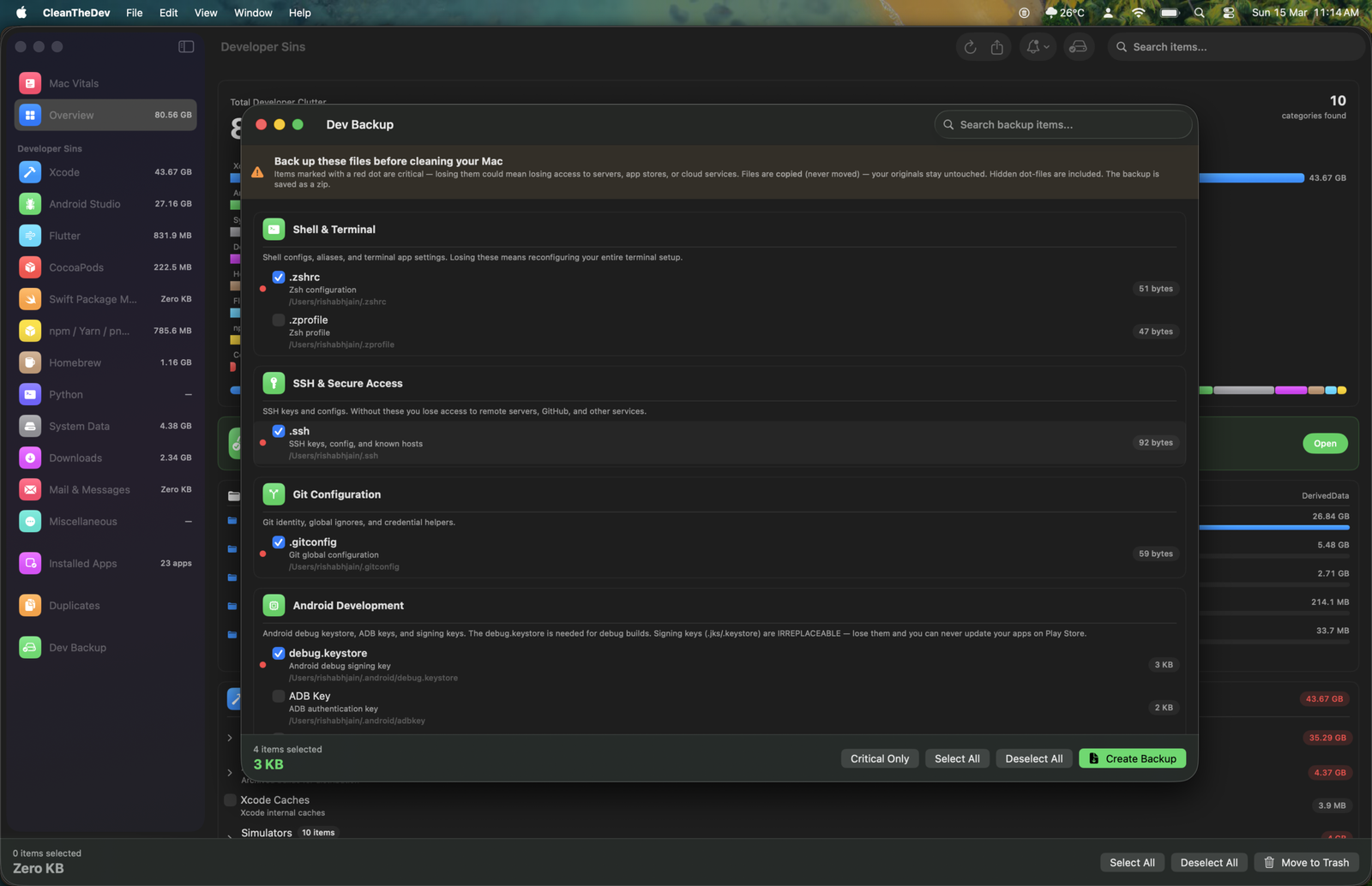 SweepKit Dev Backup feature for SSH keys and Git configs on Mac