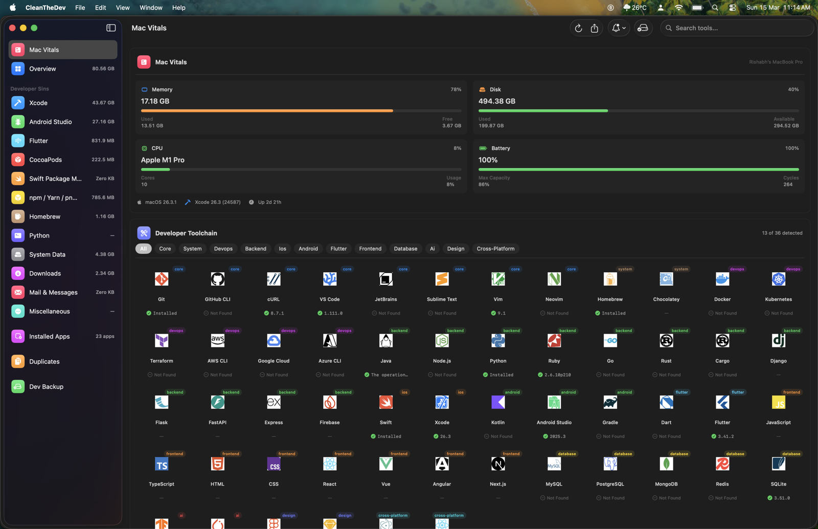 SweepKit Mac Vitals dashboard monitoring system health and developer toolchain